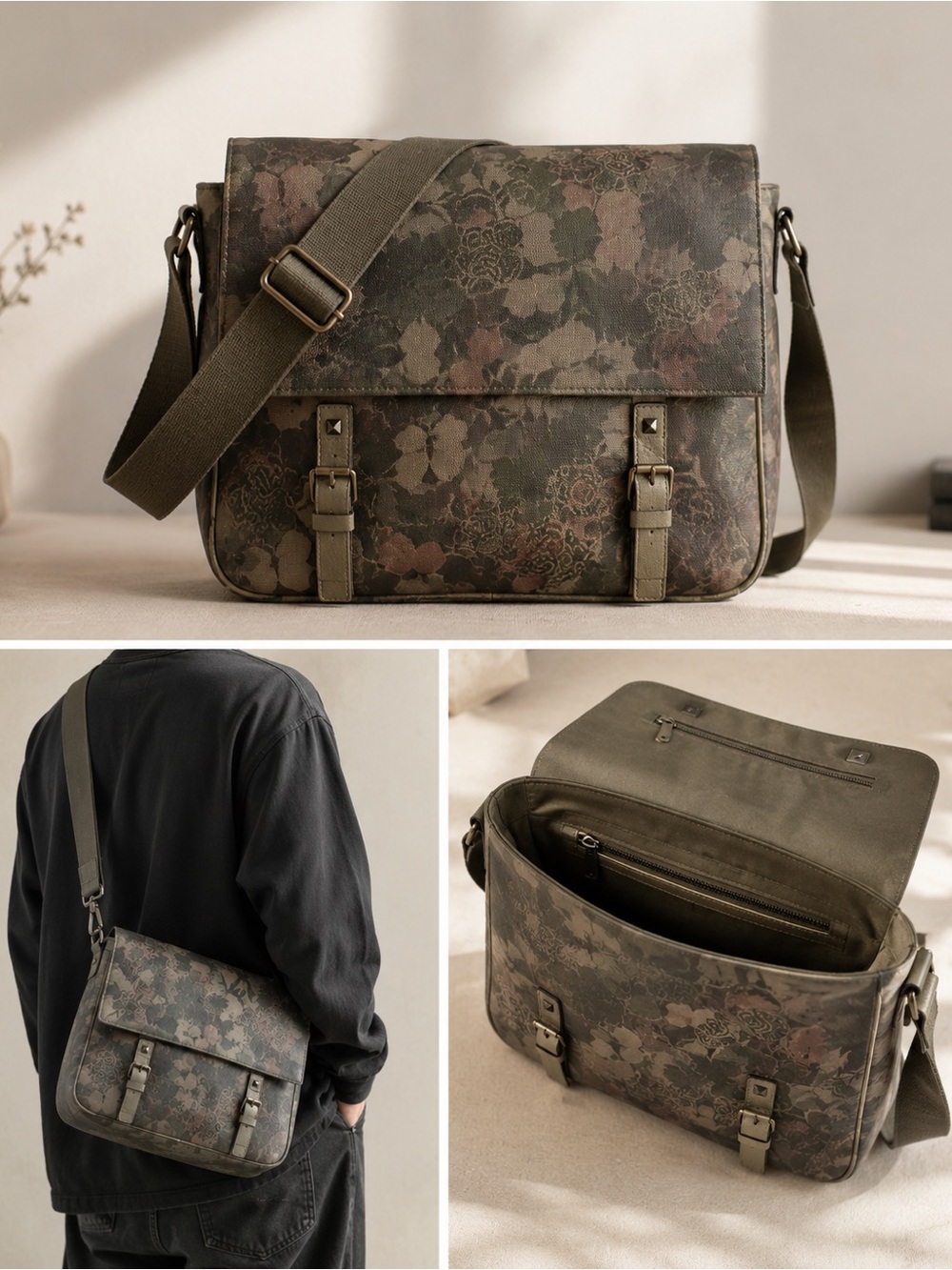 Valentino Garavani Olive Green and Brown Floral Canvas Messenger Bag